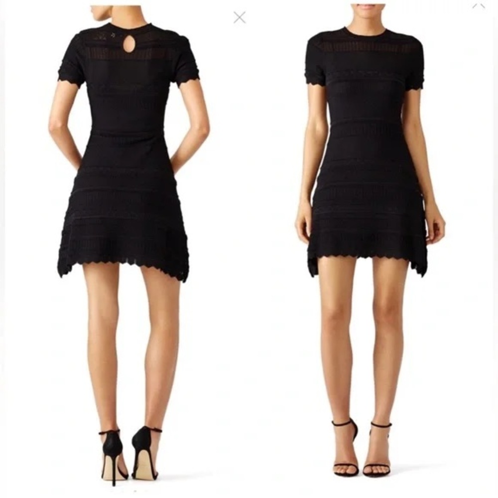 Alexis Short Sleeved Mixed Knit Crochet Black Mini Dress, Medium Lace Sheer Chic
